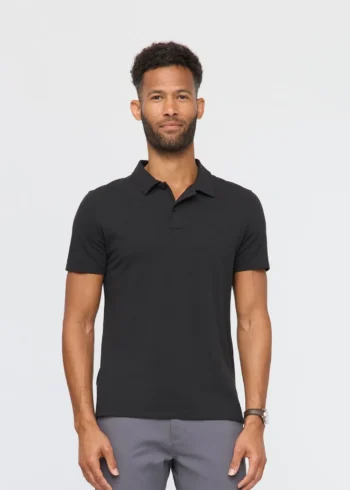 Men Black Breathable Pique Knit Short Sleeve Polo Shirt Teecaring