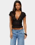Printnewmerch Womens Black Sheer Lace V-Neck Babydoll Top 1 | Printnewmerch Teecaring Womens Black Sheer Lace V-Neck Babydoll Top 1