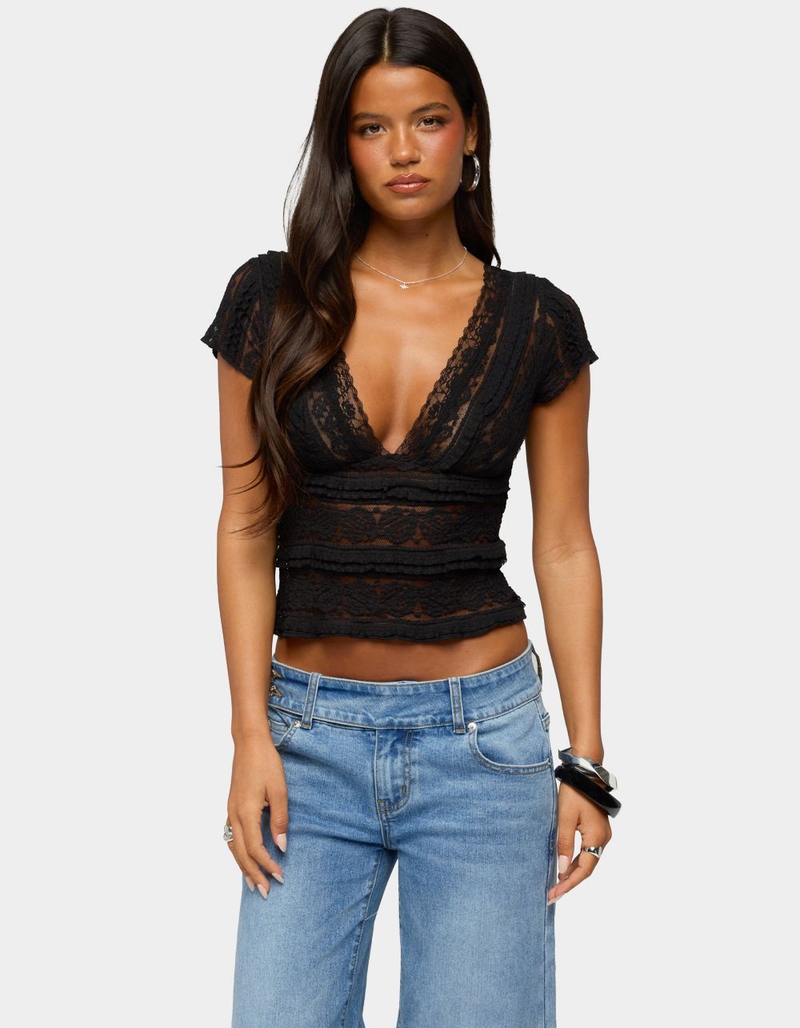 Teecaring Womens Black Sheer Lace V-Neck Babydoll Top 1 Teecaring Womens Black Sheer Lace V Neck Babydoll Top 1 | Printnewmerch