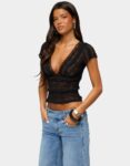 Teecaring Womens Black Sheer Lace V-Neck Babydoll Top 1