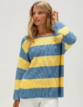 Teecaring Women’s Sea Scape Blue & Yellow Striped Off The Shoulder Sweater 1