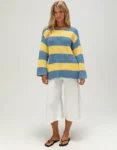 Teecaring Women’s Sea Scape Blue & Yellow Striped Off The Shoulder Sweater 1