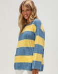 Teecaring Women’s Sea Scape Blue & Yellow Striped Off The Shoulder Sweater 1