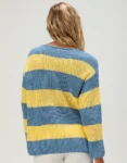 Teecaring Women’s Sea Scape Blue & Yellow Striped Off The Shoulder Sweater 1