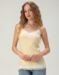 Teecaring Womens Yellow Polka Dot Long Lace Trim Cami Babydoll Top 1