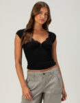 Womens Black Lace Trim Henley Babydoll Top Teecaring 1