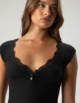 Womens Black Lace Trim Henley Babydoll Top Teecaring 1