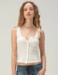 Womens White Lace Trim Button Front Cami Babydoll Top Printnewmerch