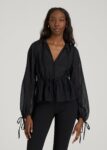 Black Printnewmerch Kryvella Peasant Chiffon Long Sleeve Feminine Blouse