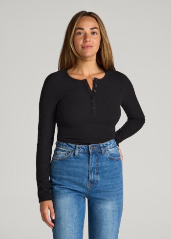 Black Printnewmerch Marvella Ribbed Henley Long Sleeve Relaxed Wear Shirt