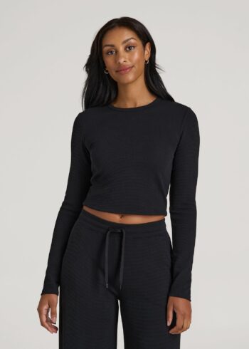 Black Printnewmerch Marvique Waffle Cropped Long Sleeve Relaxed Fashion Shirt