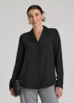 Black Printnewmerch Nyvora Notch Collar Long Sleeve Refined Casual Blouse