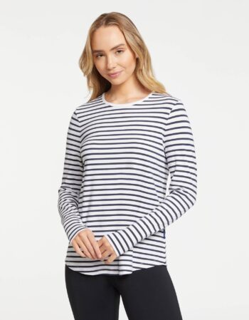 Black White Printnewmerch Elarune Striped Long Sleeve Swing Relaxed Fit Top