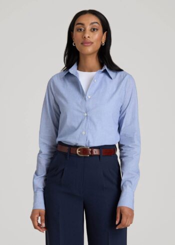 Blue Teecaring Auralyn Chambray Button Front Long Sleeve Classic Blouse