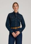 Dark Blue Printnewmerch Kylora Western Denim Long Sleeve Heritage Blouse