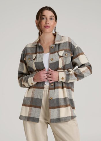 Gray Cream Printnewmerch Solvexa Plaid Flannel Shacket Layering Blouse