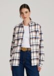 Navy White Printnewmerch Virexa Plaid Flannel Button Up Casual Blouse