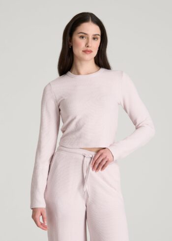 Pink Printnewmerch Lunara Waffle Cropped Long Sleeve Feminine Casual Top