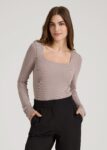 Taupe Printnewmerch Elvara Ribbed Square Neck Long Sleeve Elegant Casual Top