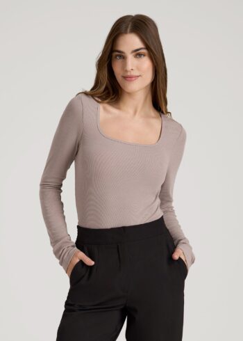 Taupe Printnewmerch Elvara Ribbed Square Neck Long Sleeve Elegant Casual Top