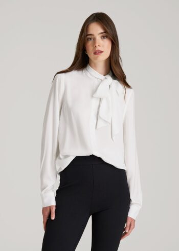 White Printnewmerch Aurielle Satin Bow Detail Long Sleeve Elegant Blouse