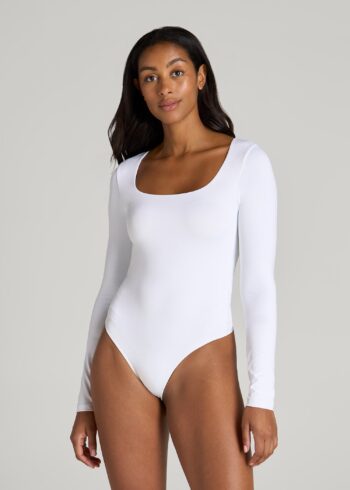 White Printnewmerch Aurielle Square Neck Long Sleeve Sleek Bodysuit