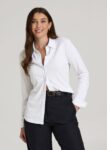 White Printnewmerch Elvaris Slub Knit Button Up Long Sleeve Blouse