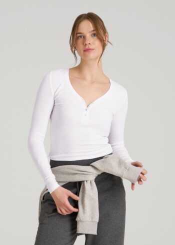 White Printnewmerch Veltrix Henley Long Sleeve Minimal Casual Layering Top