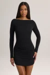 Black Printnewmerch Arvella Ruched Long Sleeve Mini Dress Minimal Elegant Evening Wear Style