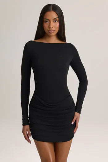Black Printnewmerch Arvella Ruched Long Sleeve Mini Dress Minimal Elegant Evening Wear Style