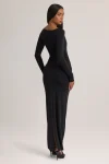 Black Printnewmerch Luvoria Draped Long Sleeve Maxi Dress Ruched Waist Elegant Evening Fashion Style 1