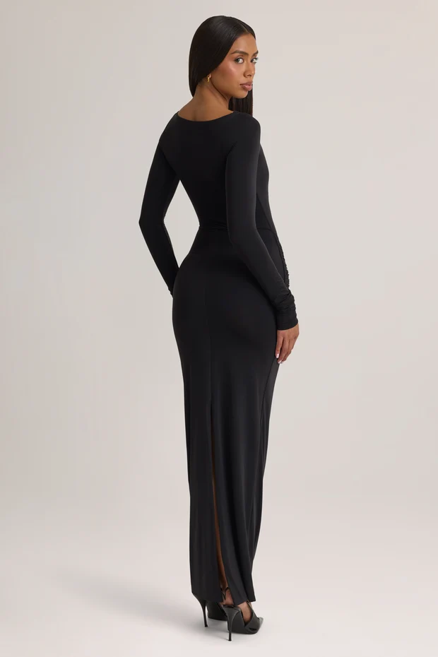 Black Printnewmerch Luvoria Draped Long Sleeve Maxi Dress Ruched Waist Elegant Evening Fashion Style 2