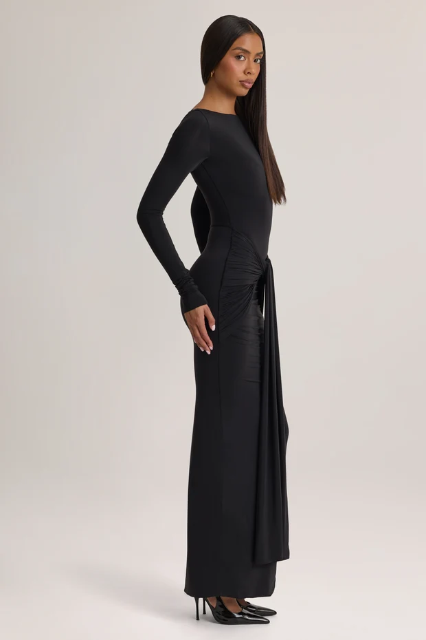 Black Printnewmerch Luvoria Draped Long Sleeve Maxi Dress Ruched Waist Elegant Evening Fashion Style 3