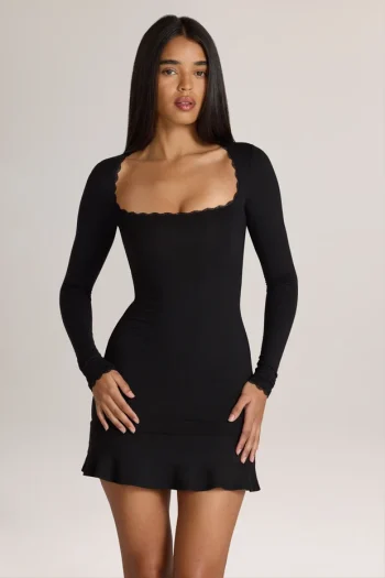 Black Printnewmerch Veloria Square Neck Long Sleeve Mini Dress Elegant Casual Style