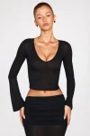 Black Veloria Printnewmerch Deep V Neck Long Sleeve Crop Top Flare Cuff Minimal Elegant Fashion Style 1 | Printnewmerch Black Veloria Printnewmerch Deep V Neck Long Sleeve Crop Top Flare Cuff Minimal Elegant Fashion Style 1