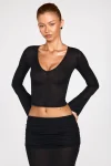 Black Veloria Printnewmerch Deep V Neck Long Sleeve Crop Top Flare Cuff Minimal Elegant Fashion Style 1