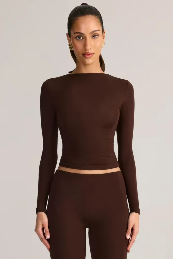 Brown Printnewmerch Virella Long Sleeve Crop Top Soft Minimal Casual Layering Fashion Style