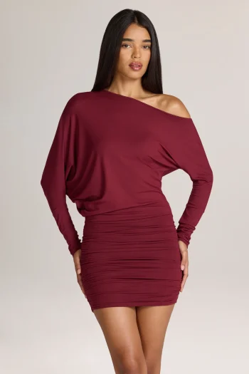 Burgundy Veloria Off Shoulder Long Sleeve Mini Dress Printnewmerch Ruched Elegant Casual Style