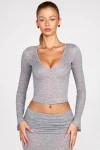 Gray Printnewmerch Veloria Deep V Neck Long Sleeve Crop Top Ribbed Texture Minimal Chic Everyday Style 1