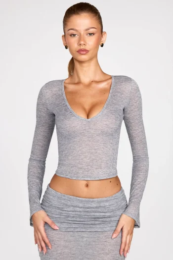 Gray Printnewmerch Veloria Deep V Neck Long Sleeve Crop Top Ribbed Texture Minimal Chic Everyday Style