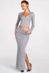 Gray Printnewmerch Veloria Deep V Neck Long Sleeve Crop Top Ribbed Texture Minimal Chic Everyday Style 1